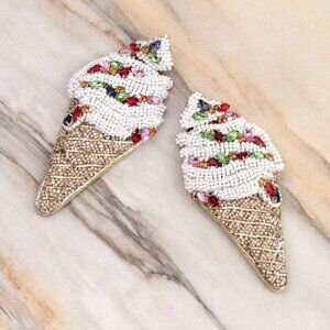 Large Beaded Crystal Accent Ice Cream Cone Summer Vibe Statement Earrings NEW